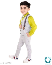 Boy's Ethnic Party Wear Shirt Waistcoat and Pant Set - 3-4 Years, Aqua, Top Fabric Bottom Fabric : Polyster, Multipack :single Add-Ons:bow Tie